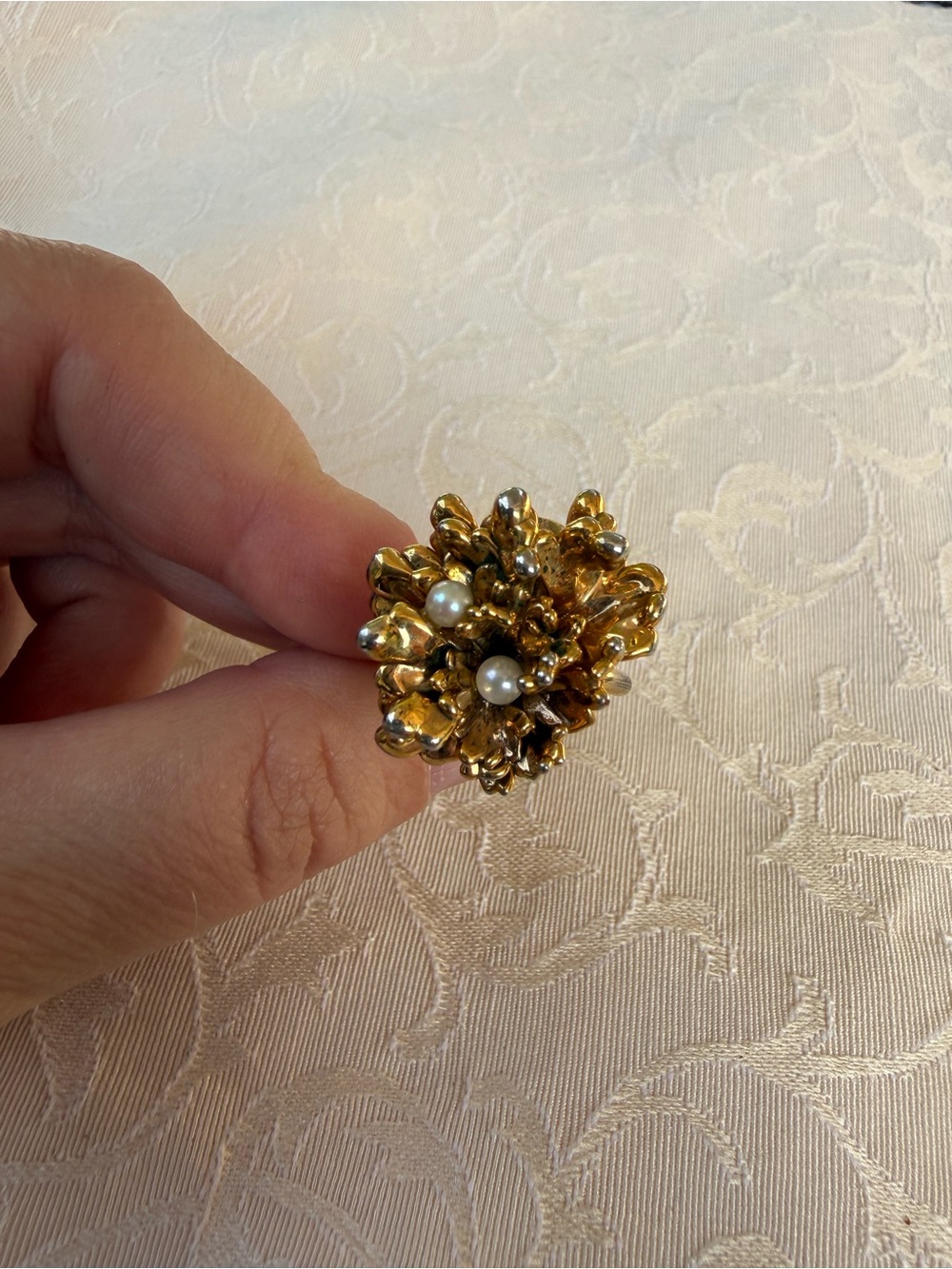 Vintage Gold Floral Cluster Ring with Pearl Accents